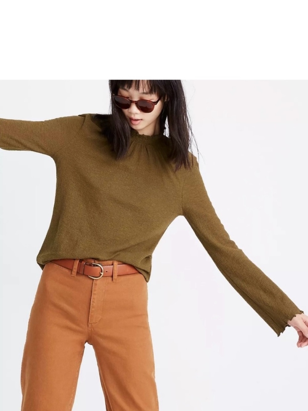 Madewell Texture & Thread Olive Green Ruffle Mock Neck Bell Sleeve Top